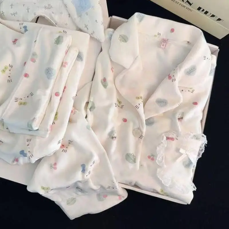 

Sanrio Hello Kitty, зимний пижамный комплект, кавайная женская теплая одежда для сна с героями мультфильмов, брюки с длинными рукавами, ночная рубашка, студенческая домашняя одежда, новинка