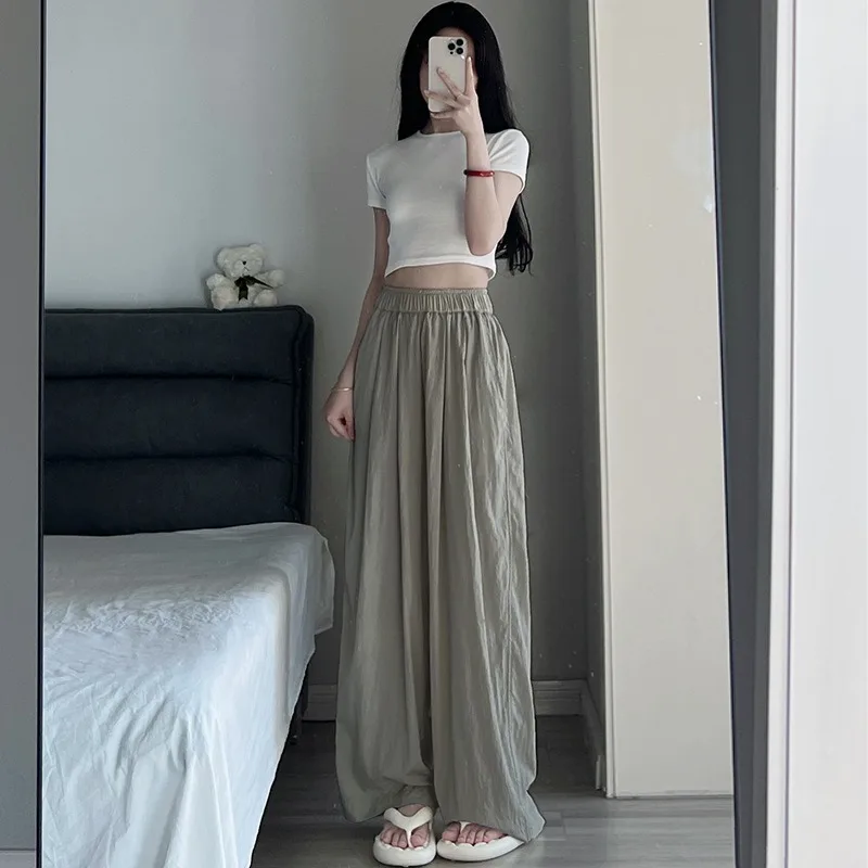 Women Summer Loose Casual Solid High-Waist Elastic Waist Wide-Leg Pants Girl Student New High-Waist Pleated Straight Loose Pants