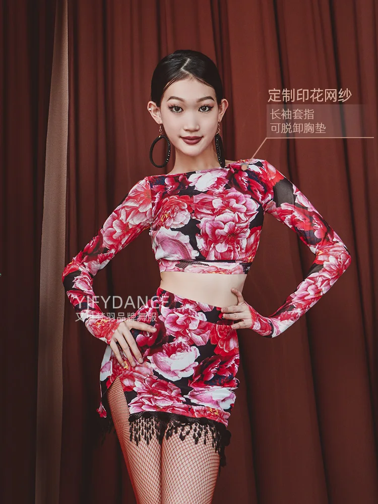 

2023 Autumn Latin Dance Suit Printed Mesh Long Sleeve Beauty Back Gb Dance Practice Skirt Suit Alw93
