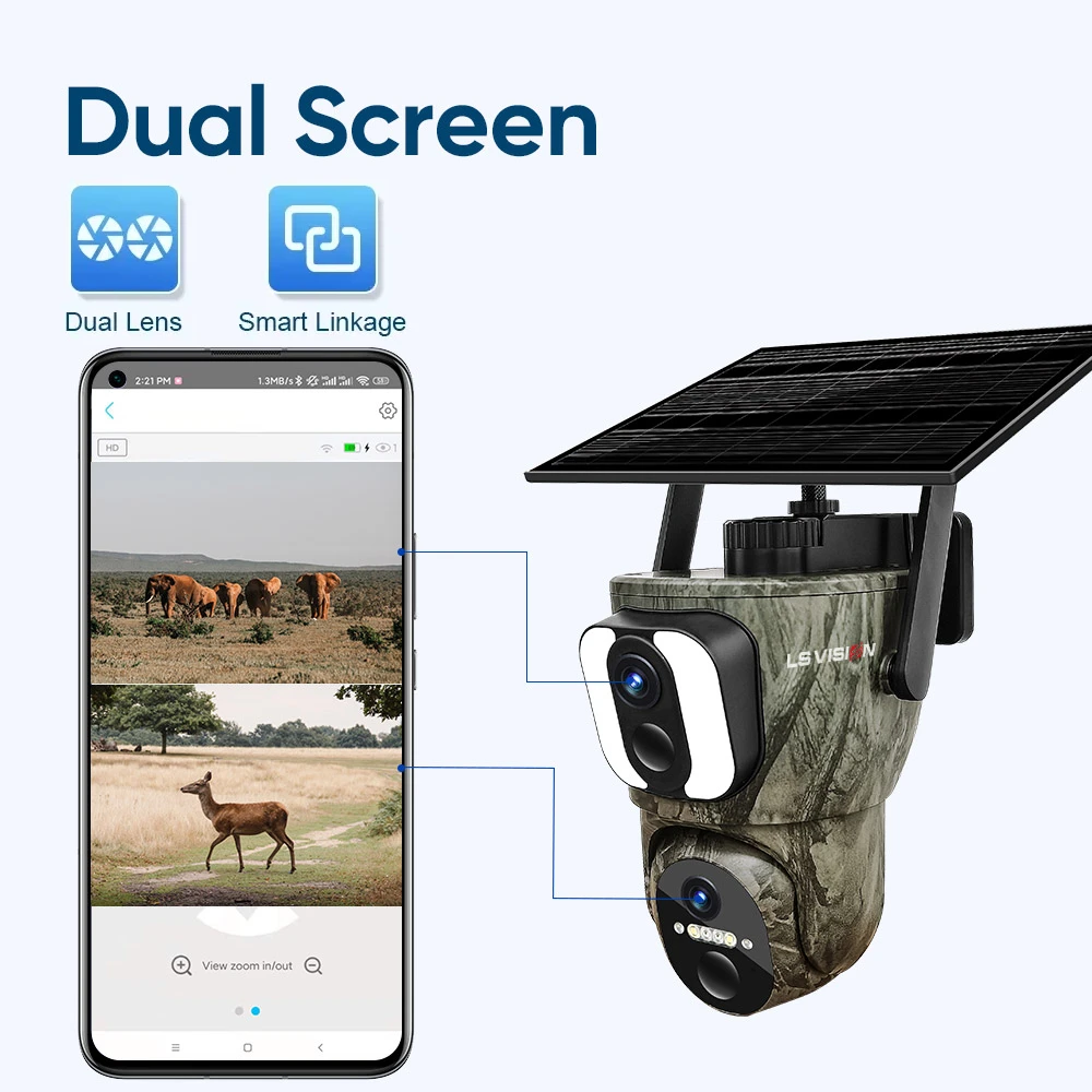 LS VISION 3K 4G Sim Outdoor Solar Camera WIFI Wireless PTZ Camera Dual Screens Human/Animal Detection Surveillance Wildlife Cam