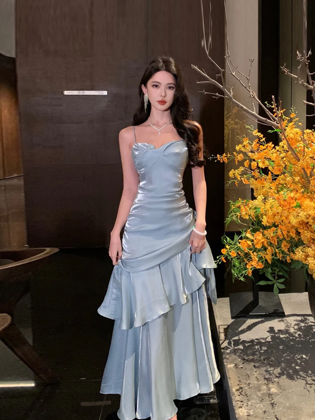 Robe de sirène Ele avec garniture en dentelle, robe de bal à bretelles pour femmes, taille haute amincissante, longue, parfaite pour les mariages et les soirées