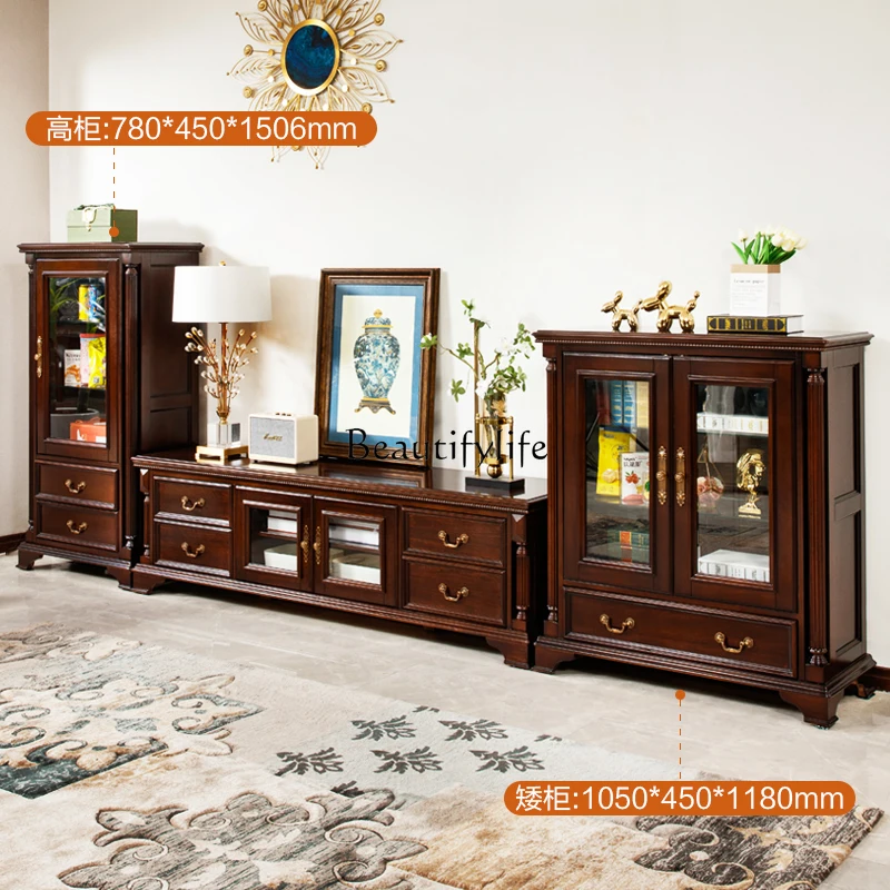 American cherry wood all solid wood TV cabinet retro log furniture living room floor cabinet