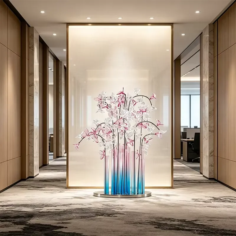 Custom Hand-painted Gradient Pink Blue Resin Phalaenopsis Orchid Floor Sculpture Transparent Branch Stainless Steel Base