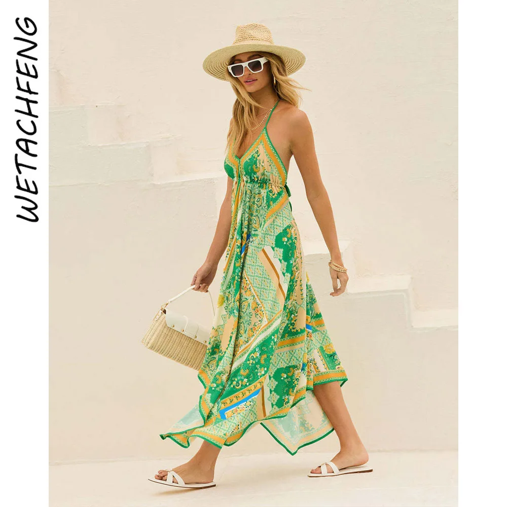 Sexy Elegant V Neck Floral Maxi Dresses Women Summer Holiday Boho Beach Evening Printed Slip Dress Clothes 2025 Fashion Robe