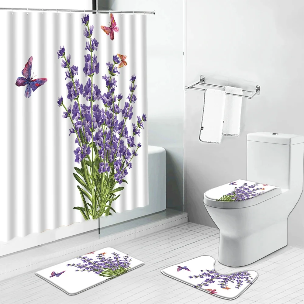 

Shower curtain set Fresh flower plant attern Bathroom floor mat Toilet seat mat Shower curtain Waterproof fabric home Decoration