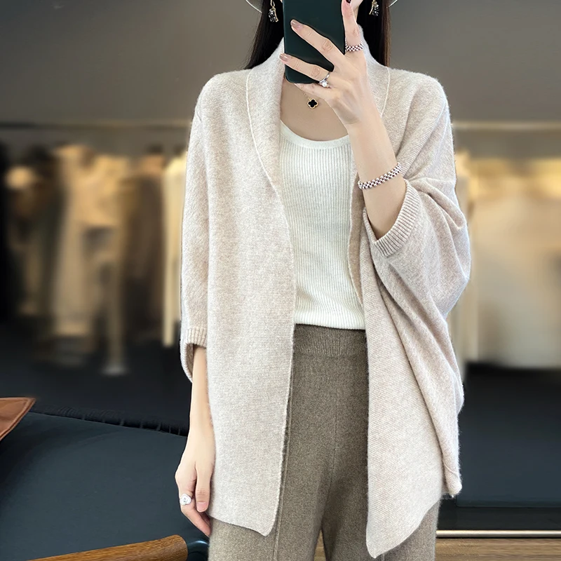 100% Merino Wool Shawl Women's Autumn/Winter New Cashmere Knitted Sweater Shawl Korean Fashion Loose Soft Comfortable Warm Coat