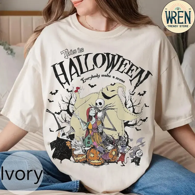 

Рубашка в стиле ретро «Кошмар перед Рождеством» Футболка на Хэллоуин Джека Скеллингтона и Салли