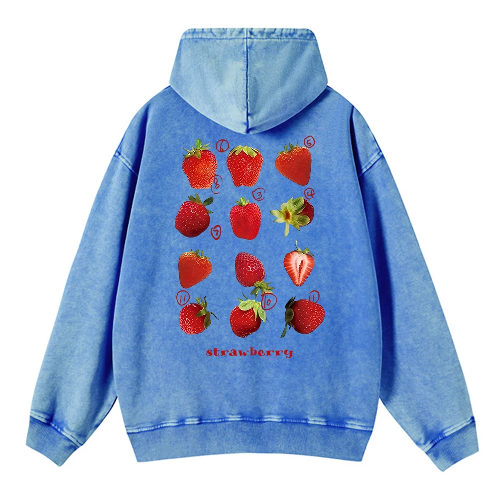 Street Womens Washed Hoodie Cute Fresh Strawberries Print Sweatshirt Retro Oversize Cotton Pullovers Casual Couple Streetwear