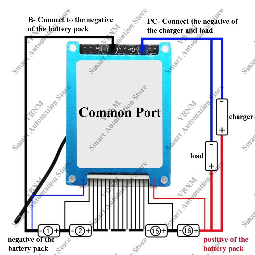 Bms-nc温度保護付きリチウムイオンバッテリーパック,一般的なポート,DIY, 16s,60v,59.2v,51.2v,20a,3.2v,3.7v