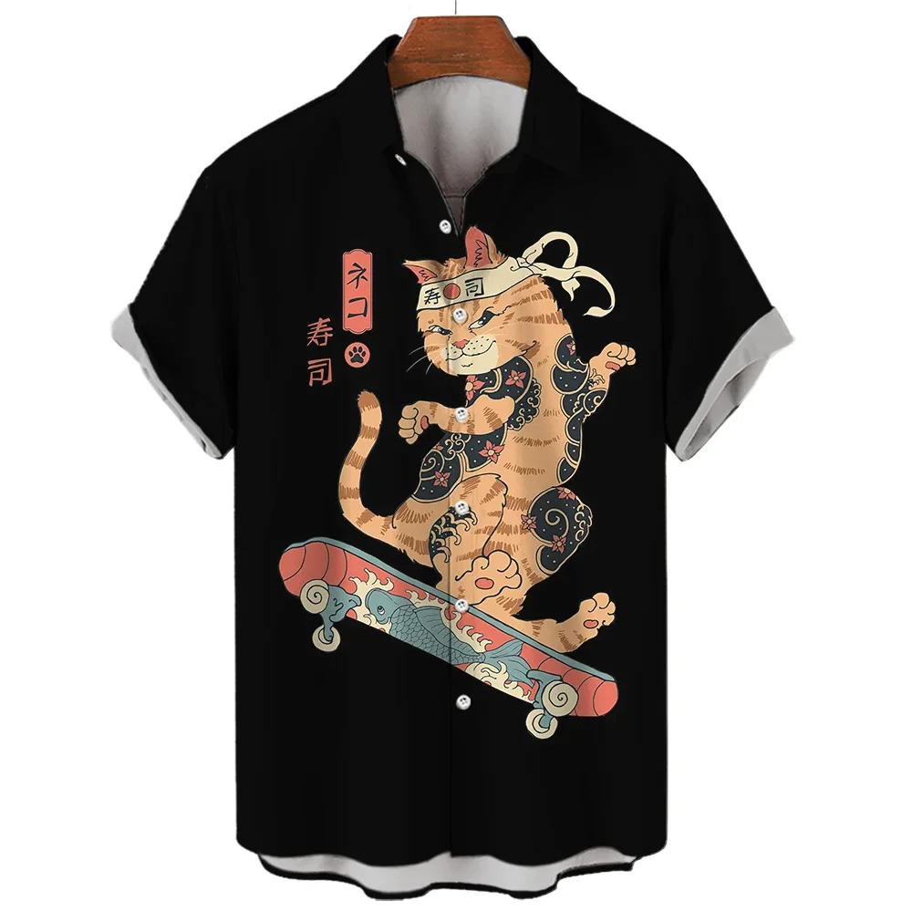 Cyberpunk Japanese Samurai Cat Retro Casual Open Lapel Button Up Top Stylish and Comfortable Hawaiian Men's Shirt