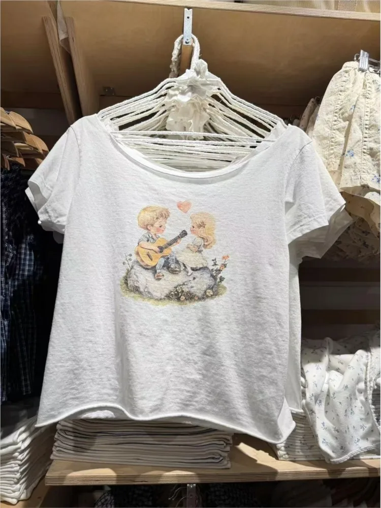 

Summer New Guitar Boy And Girls Print T-shirt Women Raw Hem Slash Neck Cotton Short Sleeve Tee Shirt Sweet Cute Casual Tops Tees