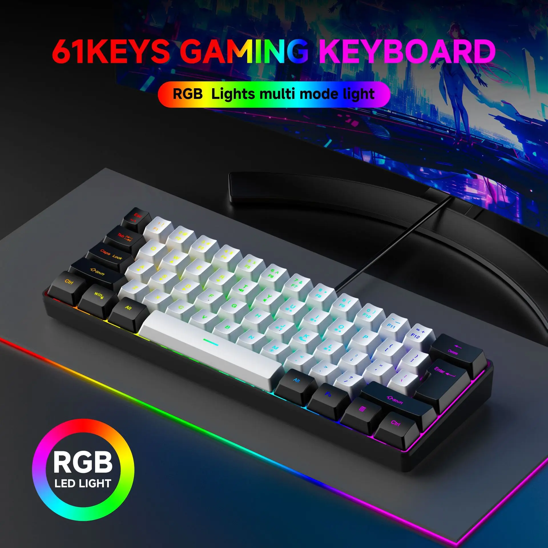 61 Keys Mini RGB Wired Gaming Membrane Keyboard Colorful Crack Contour Design Compact Keyboard for Desktop PC Gaming Office