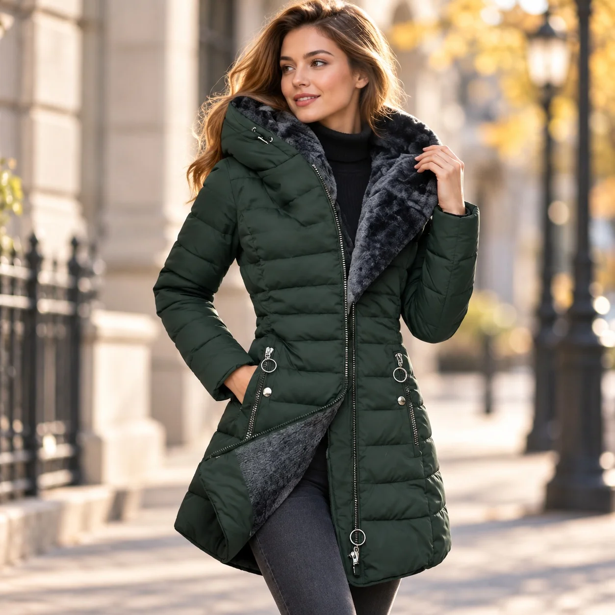 Long Sleeve Zipper Coat Flared Hem Commuter Style with Half Open Collar Long Length Casual Regular Sleeve Thick Autumn for Women