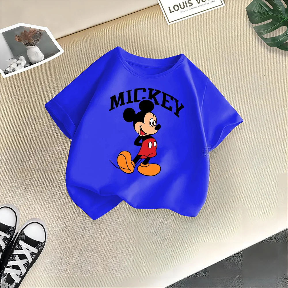 Disney Kids Clothing Summer 100% Cotton T-shirt Mickey Simple fashion printed crew neck T-shirt top Teen boys girls casual T-shi