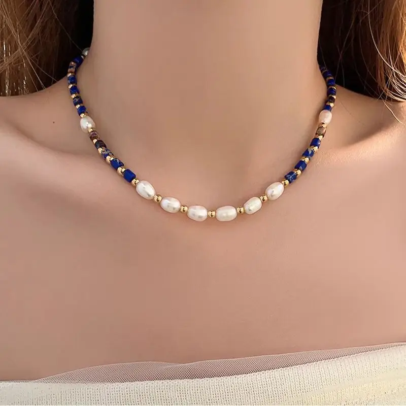 New Arrival 100% Natural Freshwater Pearl & Lapis Lazuli Stone 14K Gold Filled Female Beads Chain Necklace Jewelry For Women