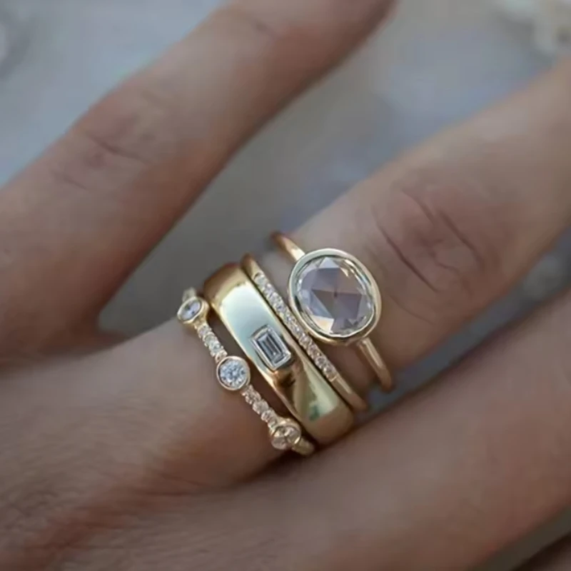 Charming Gold Color Inlaid Zircon Round Ring Set, Women's Fa