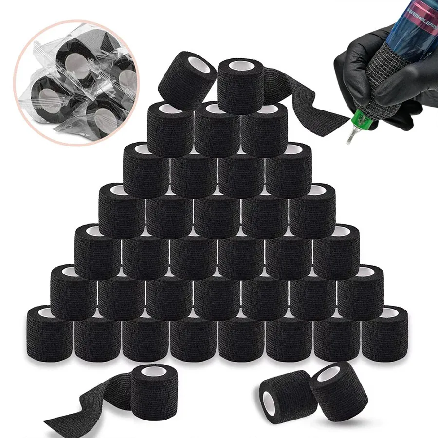 10-64Rolls Tattoo Elasticity Self Adhesive Bandage Black Disposable Grip Cover Wrap Grip Tape For Tattoo Artist Finger Ankle Pet