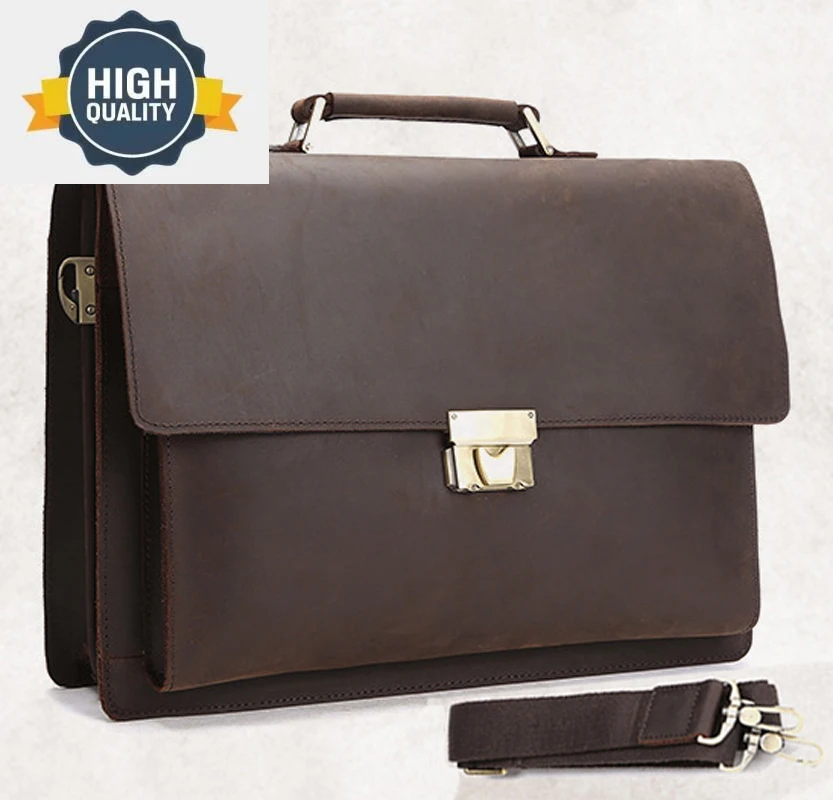 Genuine Leather Vintage men Briefcase Business bag Men laptop Bag Tote with coded lock Hand Shoulder