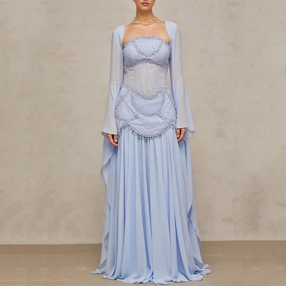Abiti da sera lunghi personalizzati a maniche lunghe Abiti da ballo eleganti per occasioni formali Abiti da ballo lunghi fino al pavimento con perline di cristallo 2025