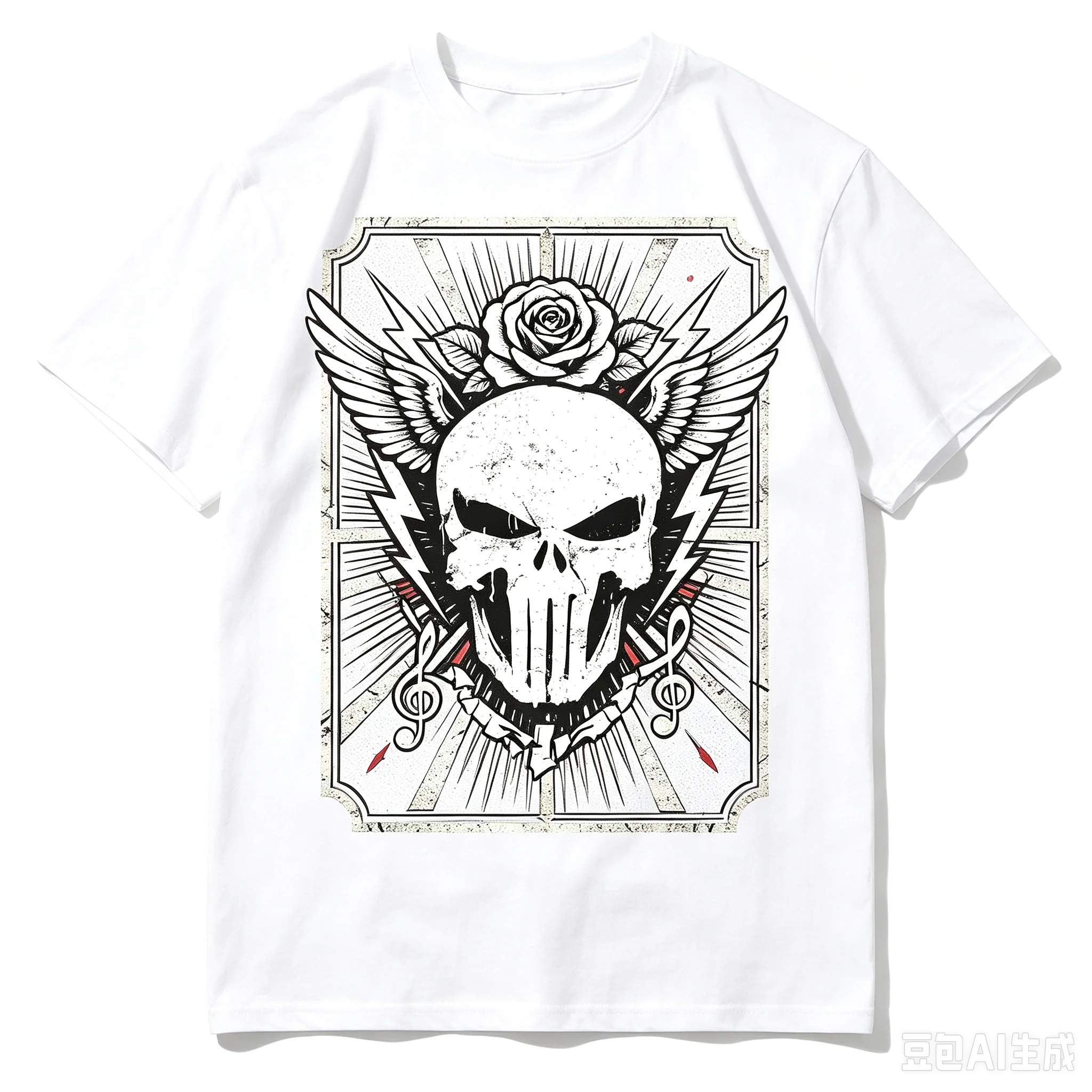 Men Skull Rose Wing Graphic T-Shirt Vintage Rock Music Note Lightning Print Crew Neck Casual Short Sleeve Tee