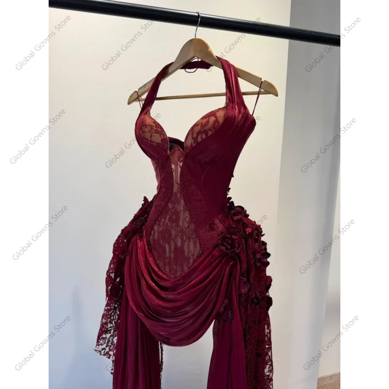 2027 Luxury Burgundy Lace Mini Evening Dresses 3D Flowers Halter Pleats Homecoming Prom Gown Ruffle Party Dresses Customized