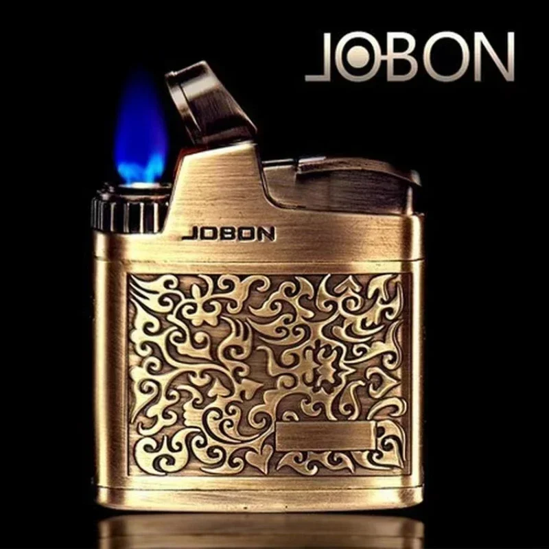 Windproof One Key Press Ignition Butane Gas Lighter Retro Tang Grass Metal Embossed Smoking Accessories Gadgets For Men