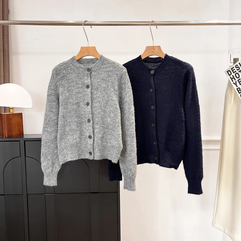 

Женский вязаный свитер-кардиган в скандинавском стиле, укороченный, с длинным рукавом, круглым вырезом, на флисовой подкладке, повседневный, свободного кроя, зимний топ