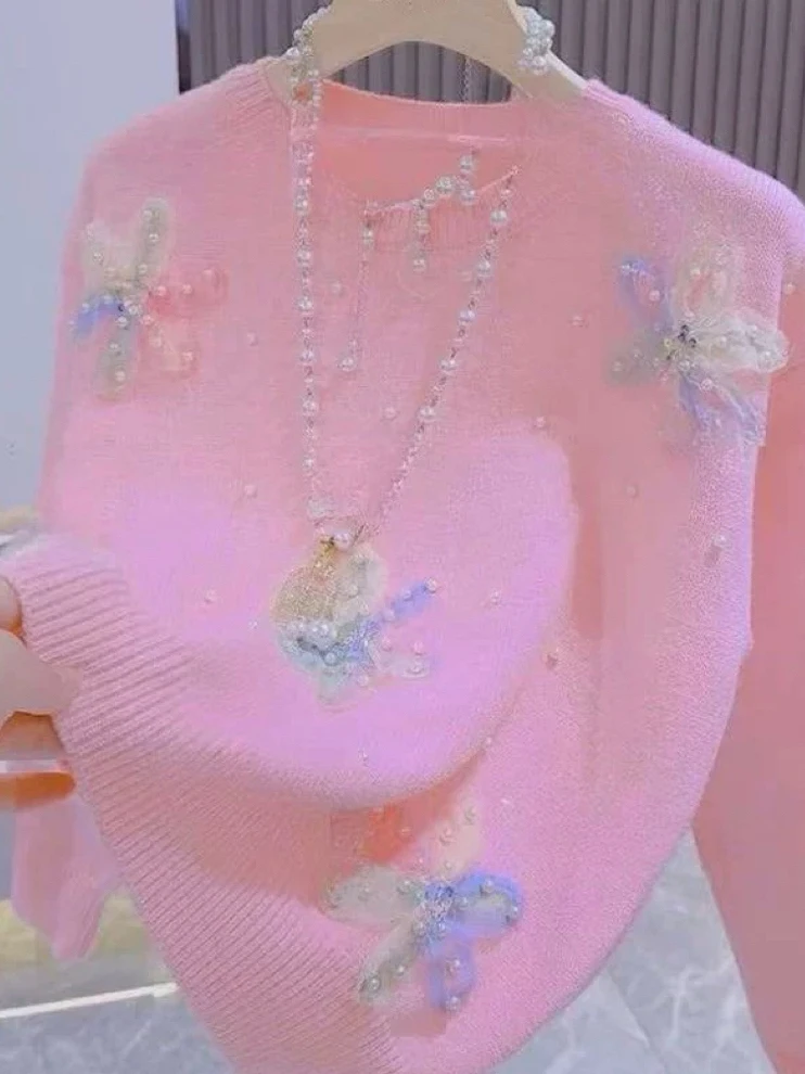 

Pink Beaded 3D Floral Knitted Sweater Women's Autumn Winter New Sle Korean Sweet Lazy Sle Overhead Knitted Top