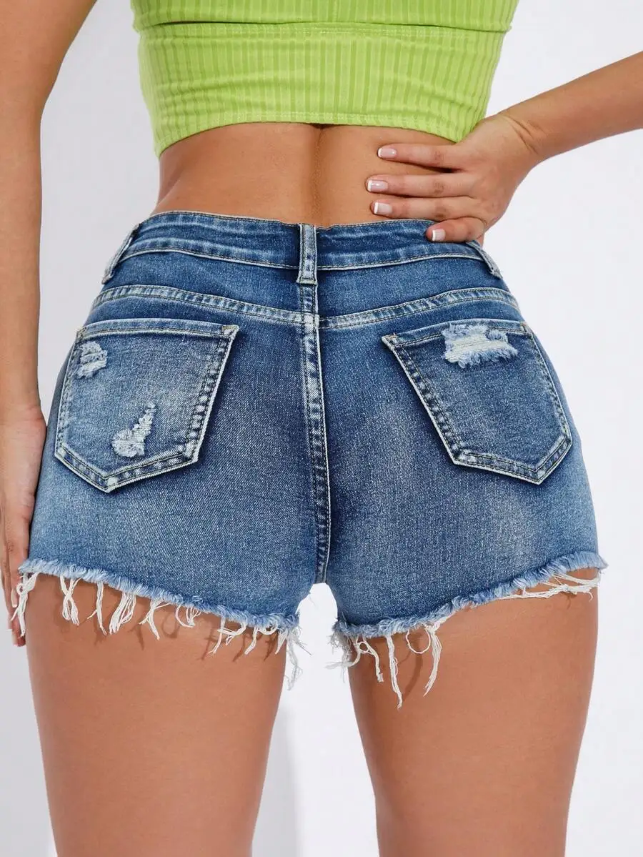 

Washed Ripped Denim Shorts For Women High Waist Frayed Hem Casual Style