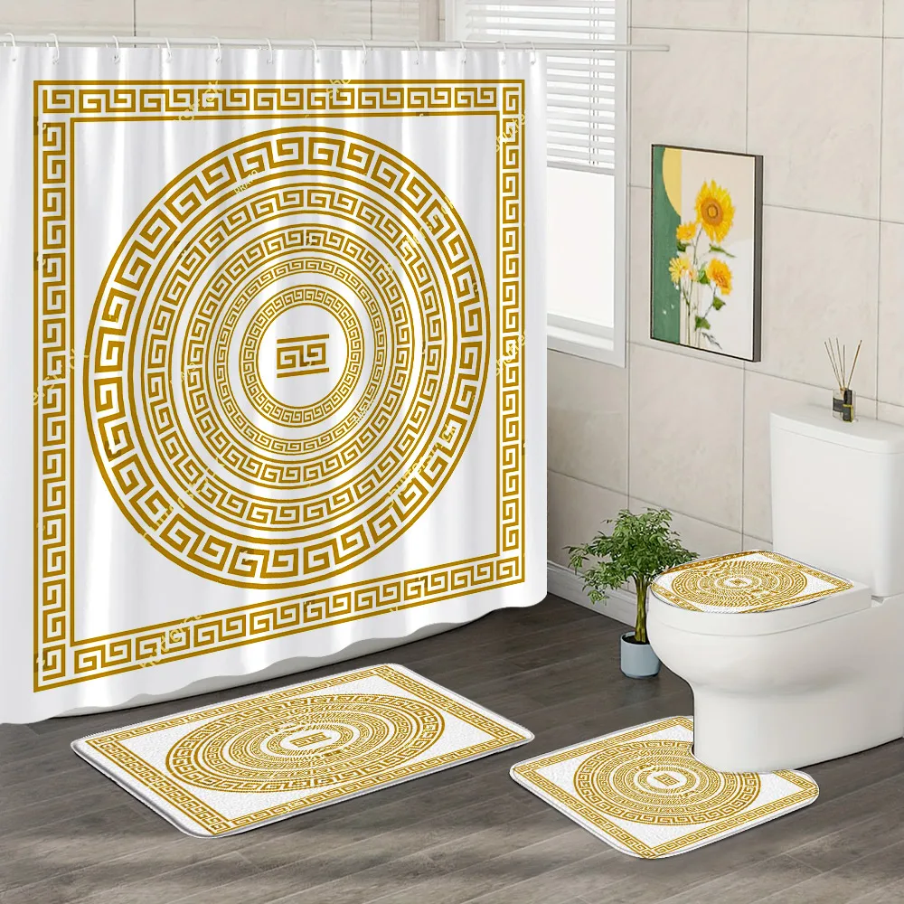 Ethnic Greek Key Shower Curtains Bath Mat Traditional Meander Border Bathroom Non-Slip Toilet Floor Rug Decor Luxury Carpet Set