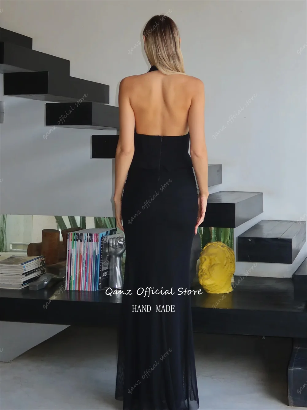 Qanz Black Women Mermaid Evening Dresses Halter Neck Backless Vestidos De gala Sleeveless Women Robe De Soirée Customized