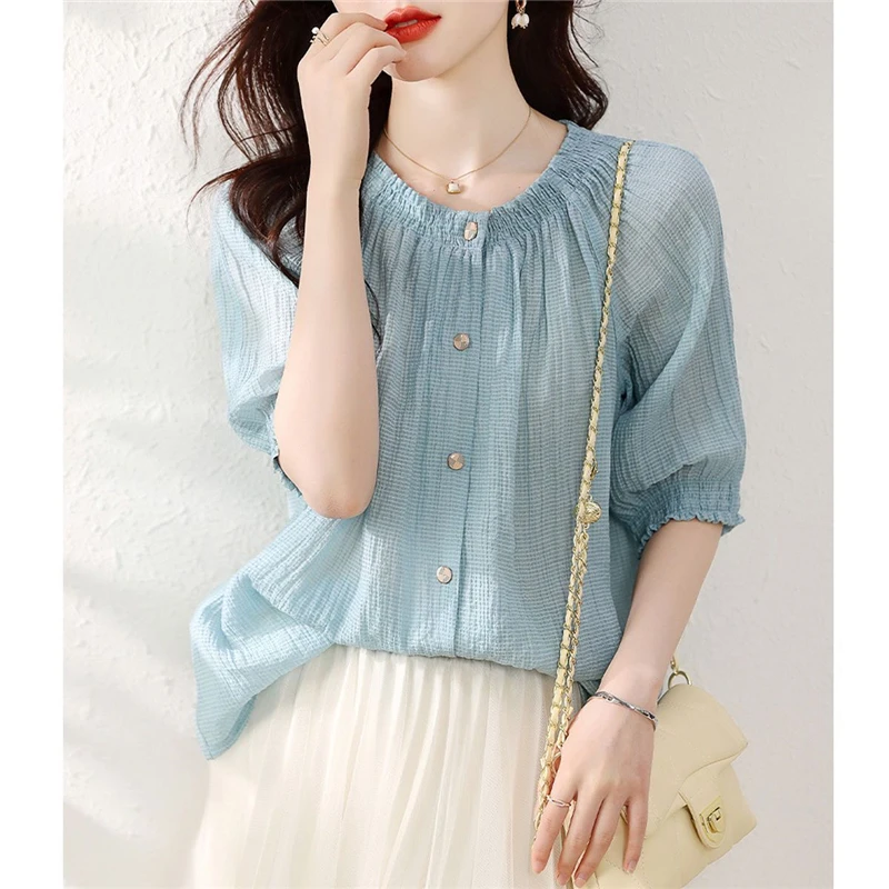 Women\'s Clothing Summer Trendy Chic Elegant Button Up Shirt Casual Short Sleeve Sweet Blouse O Neck Loose All Match Tops Blusas