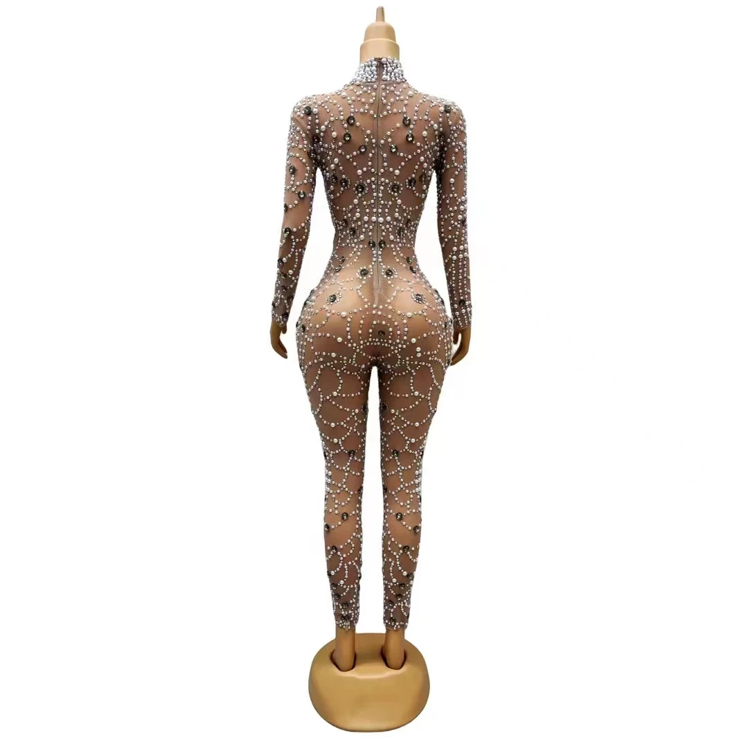 Women Shiny Rhinestones Pearl Transparent Jumpsuit Sexy Nightclub Pole Dance Tight Bodysuit Birthday Party Stage Show Costume