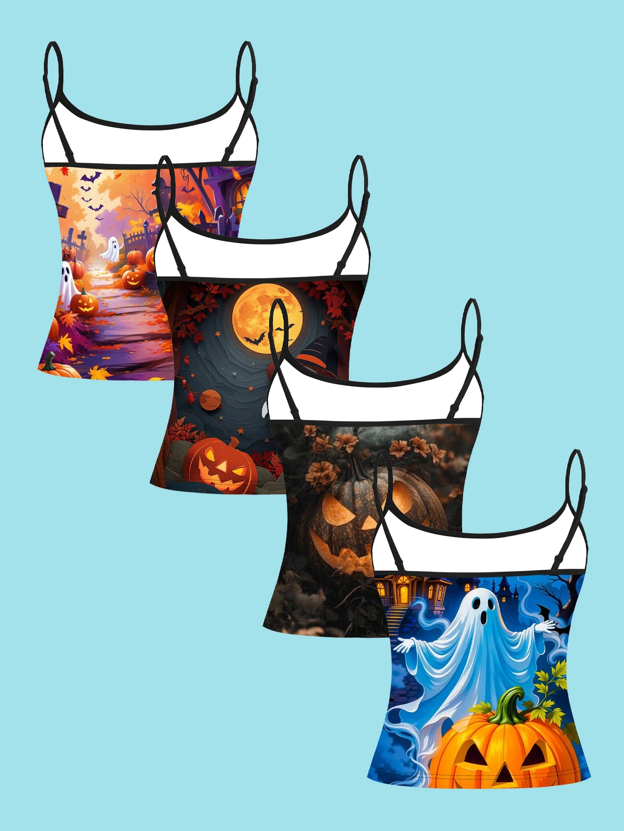 4-Piece Set of Halloween Ghost House Women's Camisoles with Full Moon, Maple Leaf, Pumpkin, Dark Floral Scene Prints, Slim-Fit Spaghetti Strap Short Camisole Tops