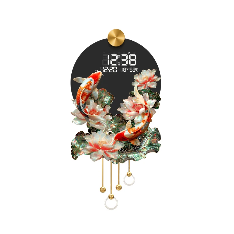 #Enamel Koi Mural Lamp LED Living Room TV Grille Decorative Pendant Entrance Lotus Calendar New Electronic Clock Hanging Paintin