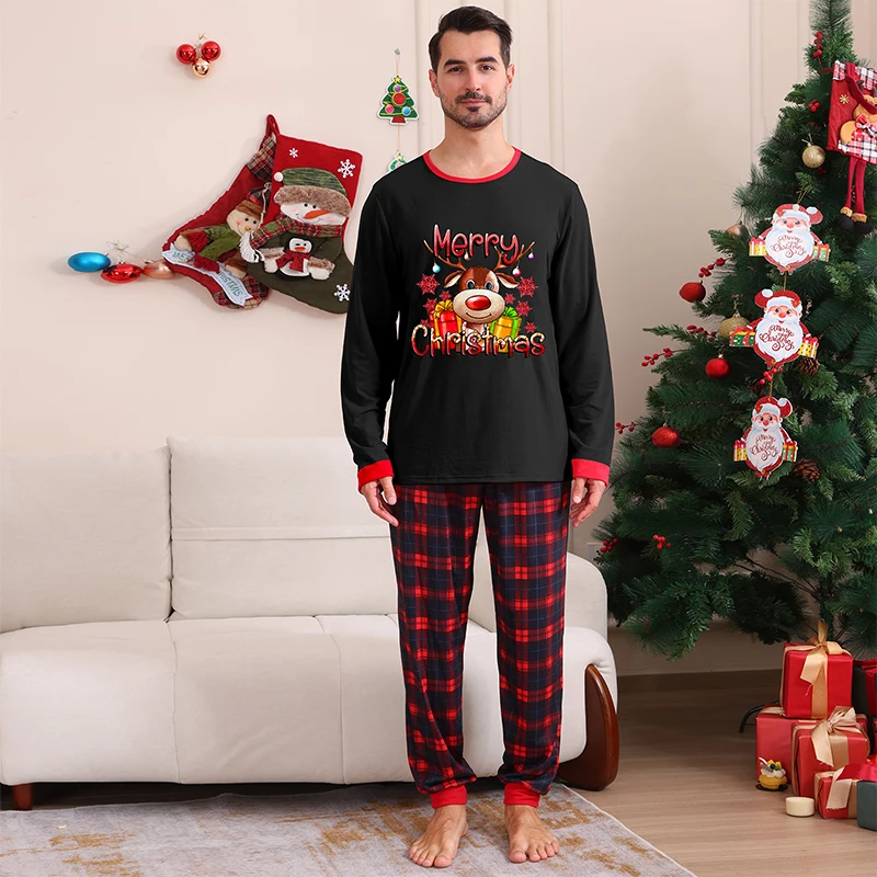 2025 Christmas Family Matching Pajama Set, Reindeer Print Long Sleeve Tops Plaid Elastic Waist Pants for Fall Winter