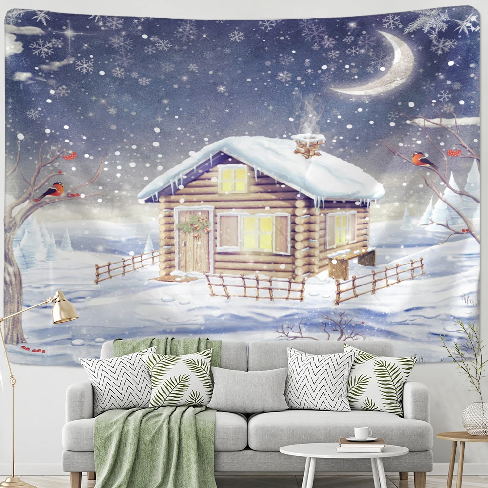 Snowy Night Landscape Tapestry Wall Hanging Christmas Gift New Year Bohemian Style Home Decoration Background Cloth 