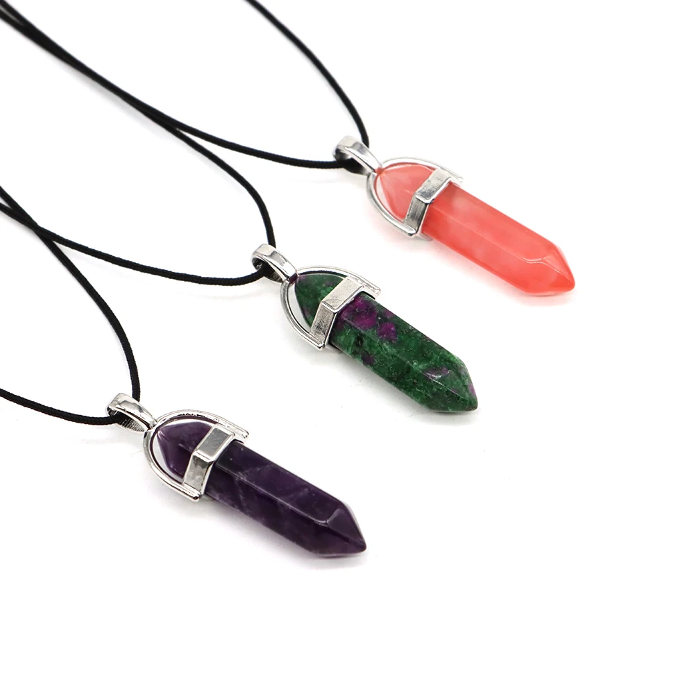 Natural Stone Hexagonal Column Quartz Pendant Necklaces Healing Crystal Amethyst Lapis Lazuli Fashion Gem Jewelry Gift Wholesale