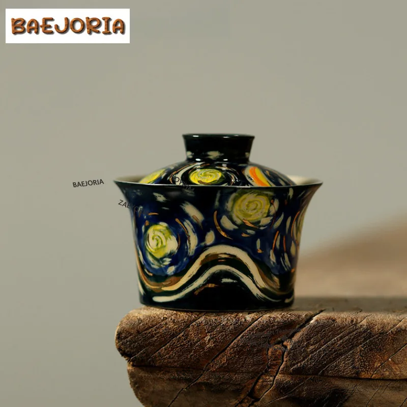 BAEJORIA 125ml Oil Painting Van Gogh's Starry Night Gaiwan Ancient Tea Tureen Tea Bowl With Lid Kit Tea Maker Cover Bowl Teaset