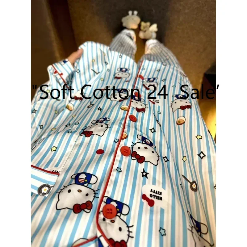 

Пижама Hello Kitty с героями мультфильмов, милая домашняя одежда весной и осенью, комплект из двух предметов Sanrio Hello Kitty, пижама из чистого хлопка.