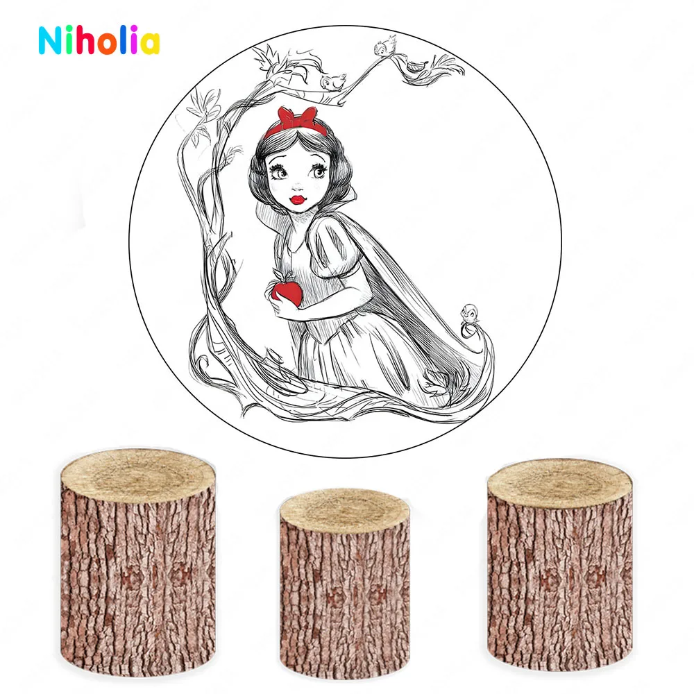 Disney Snow White Circle Backdrop Cover Girl Princess Birthday Party Red Apple Lips Round Backgrounds Cylinder Cover Elastic