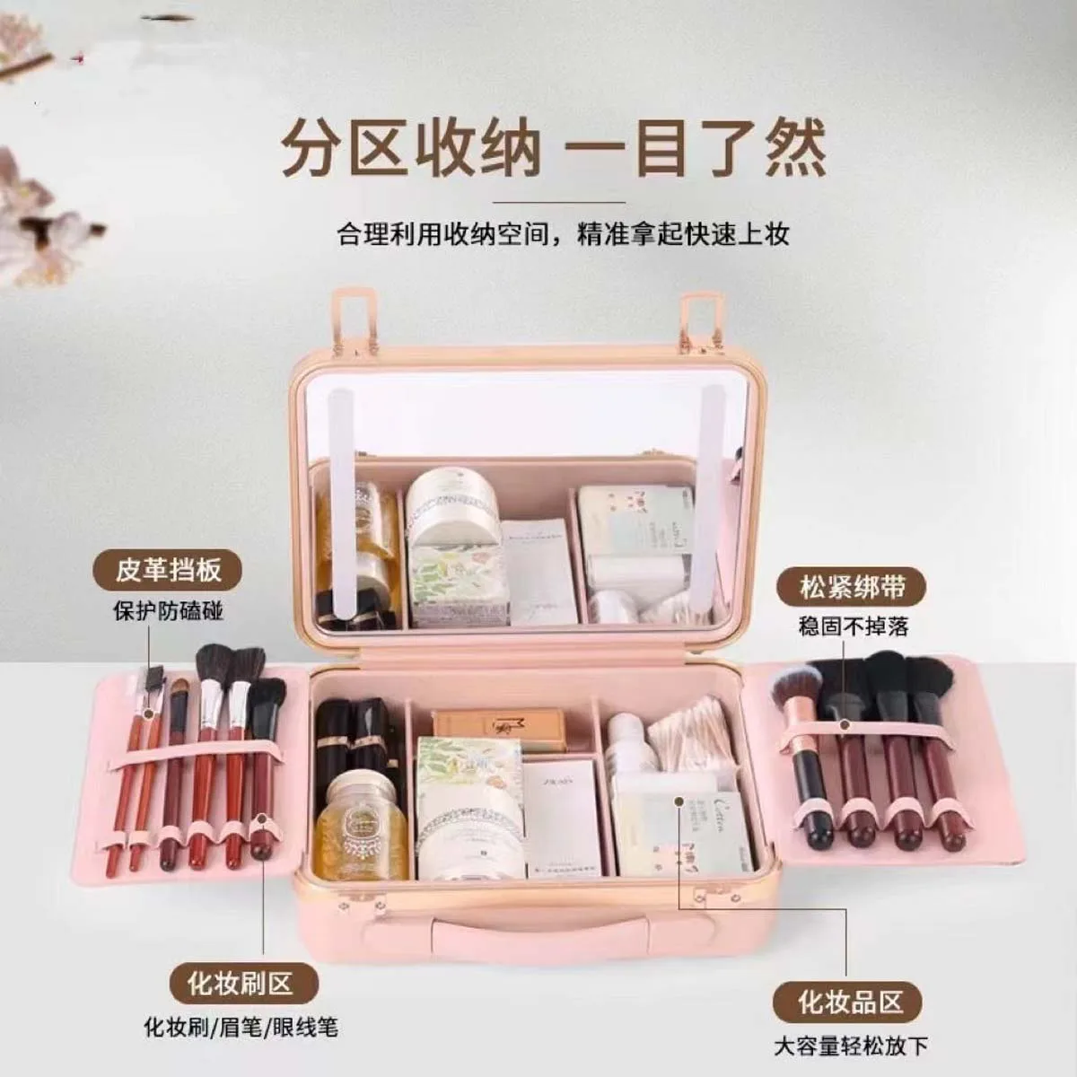 Makeup case with mirror and light Makeup storage case Large capacity with LED light portable professional makeup case