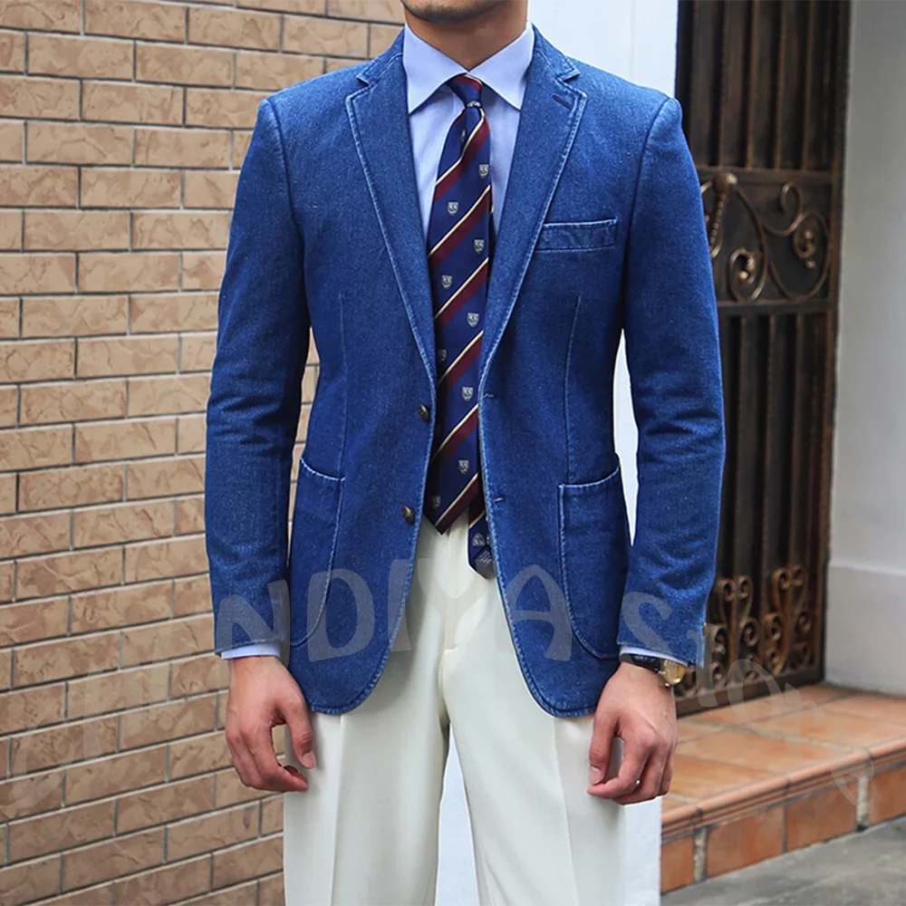 

Slim Fit Men's Suit Denim Notched Lapel Single Breasted Formal Occasion Office Meeting Outfit Business Casual Streetwear