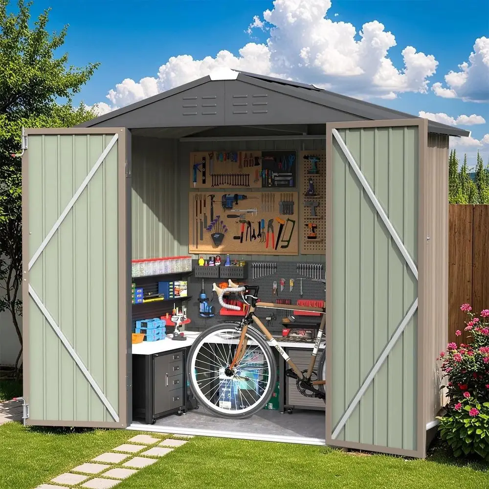 

6x4ft Outdoor Metal Storage Shed with Lockable Door for Patio, Bikes, and Garden Use in Brown