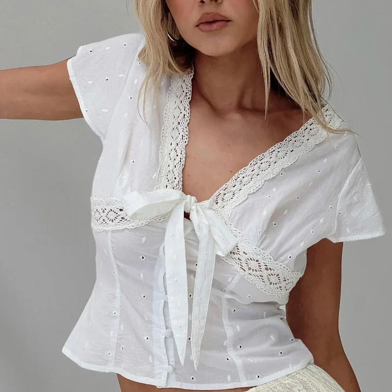 

5 Summer New Sexy V-Neck Bow Strap French Short Sleeve T-Shirt Top