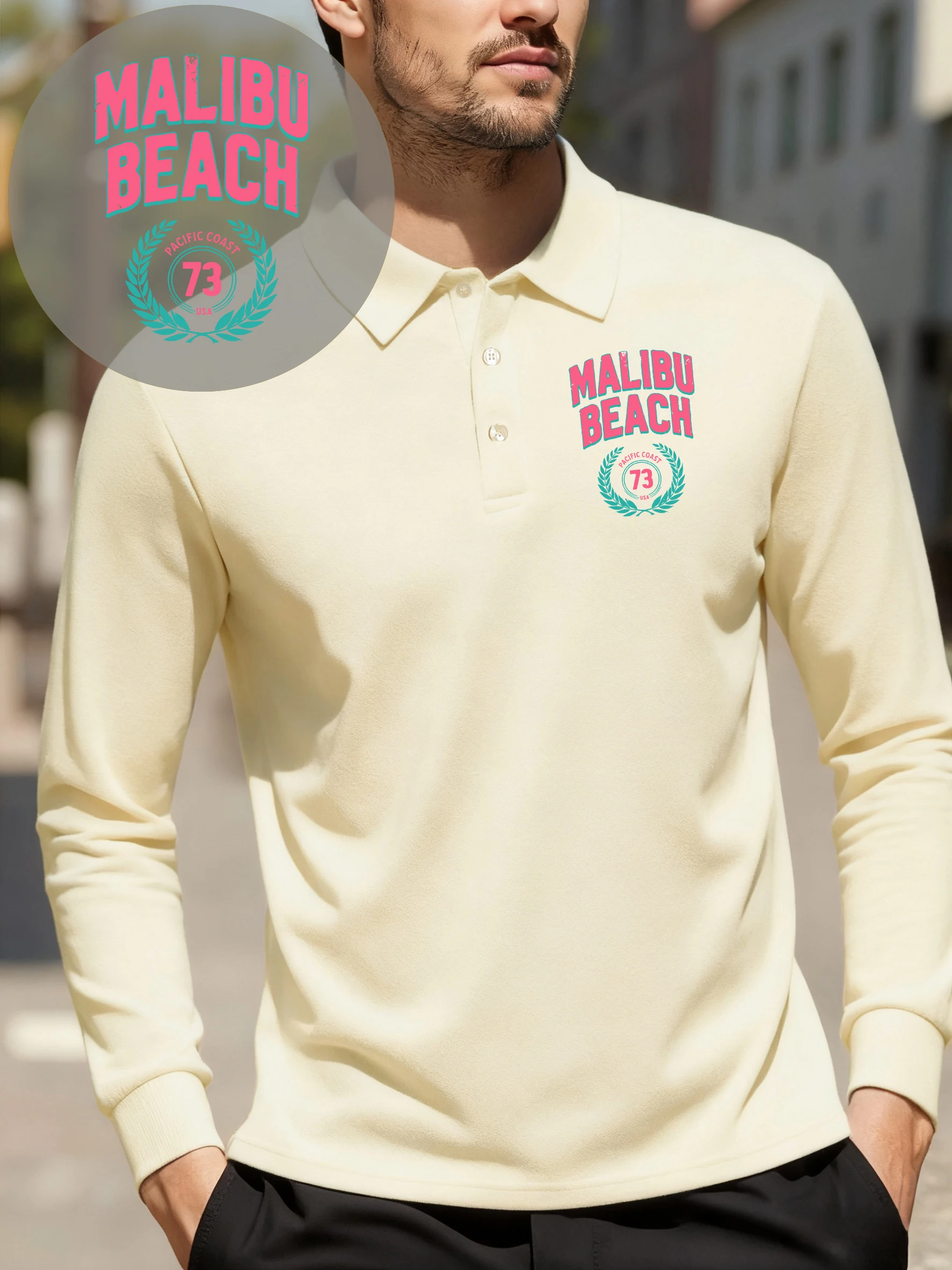 

Malibu Beach Pacific Coast Printed Polo Shirts Men Lapel Casual T-Shirt Autumn Business Streetwear All-Match Fleece Long Sleeves