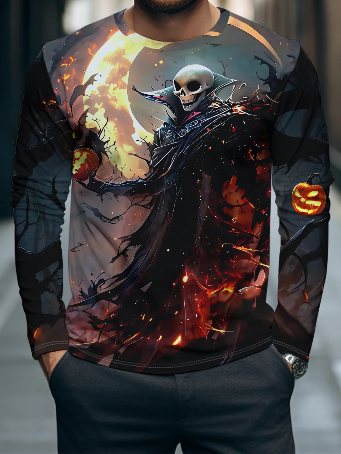 Men's Long Sleeve T‑Shirt Grim Reaper Skull Moon Pumpkin Fire Print Crew Neck Gothic Halloween Casual Streetwear Top