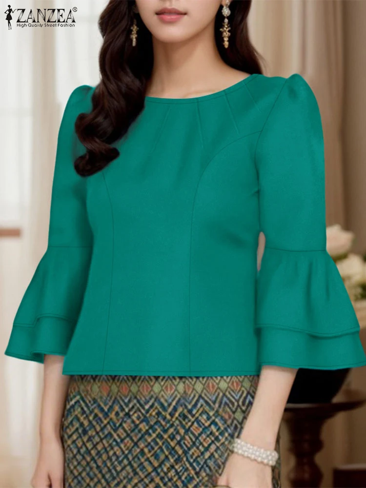 

2025 Summer Office Women Blouses ZANZEA Elegant 3/4 Flared Sleeve Shirt Stylish Solid Slim Fit Tunic Tops Casual Party Blusas