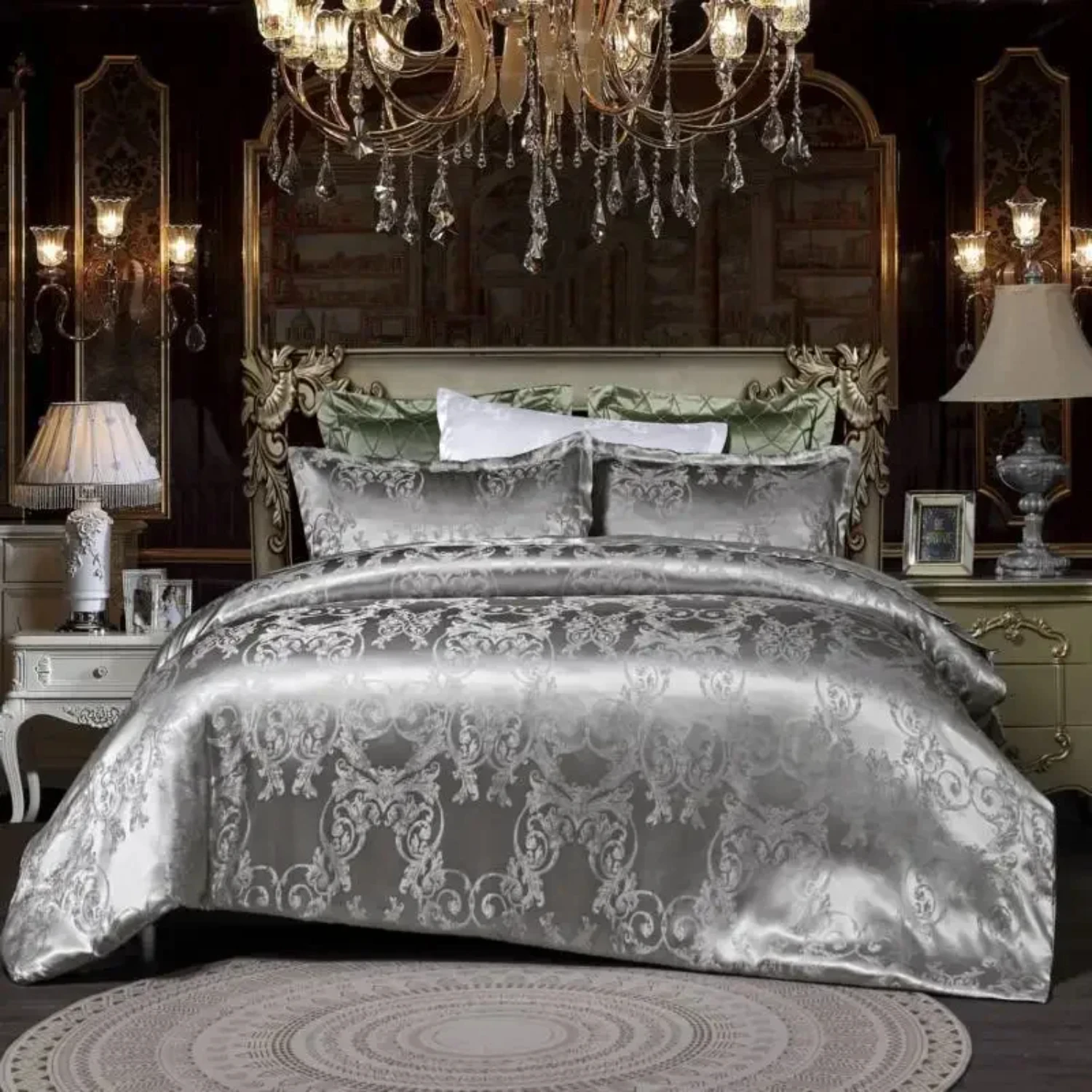 Luxurious Jacquard King Size Bedding Set with Golden Grey Flower Pattern High Quality 2 Pillowcases and Duvet Cover (2/3PCS)