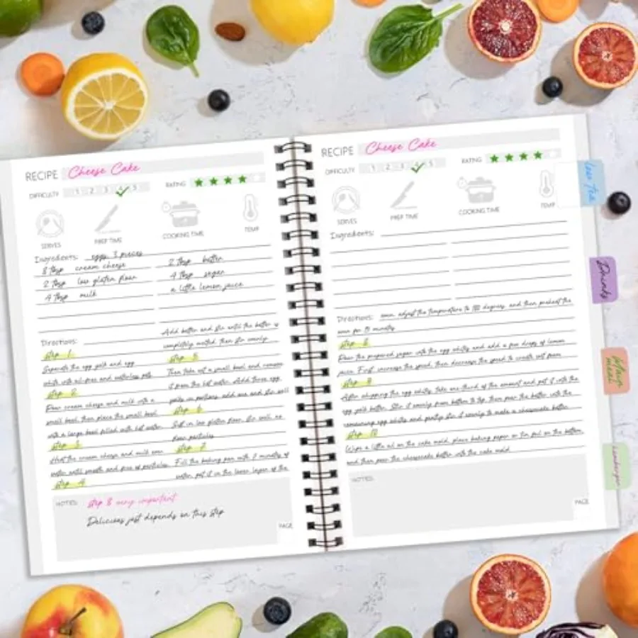 كتاب وصفات للكتابة في وصفاتك الخاصة، صفحات مقاومة للماء ومقاومة للتمزق، غلاف فني حلزوني، كتاب وصفات فارغ مع 48 علامة تبويب